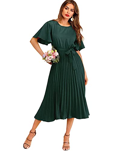 Milumia Women's Elegant Belted Pleated Flounce Sleeve Long Dress Green Plain Large