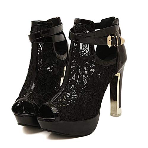 getmorebeauty Women's Pretty Lace Flowers Open Toes High Heels Ankle Boots (US 8, Black)