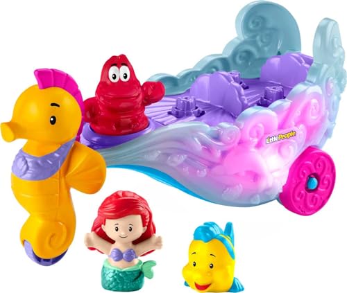 Fisher-Price Little People Toddler Toy Disney Princess Ariel’s Light-Up Sea Carriage Musical Vehicle with 2 Figures for Ages 18+ Months