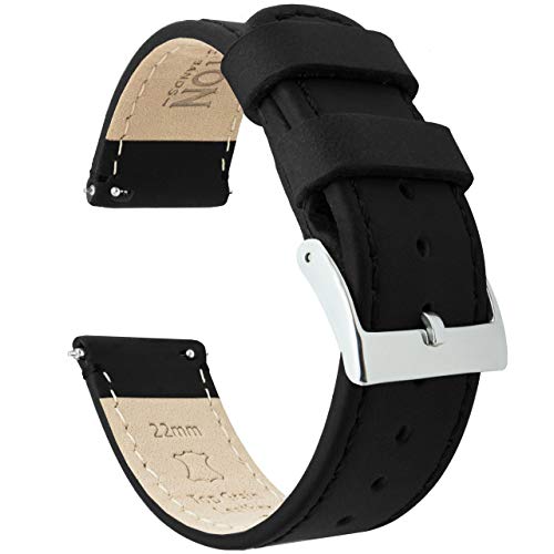 BARTON WATCH BANDS Quick Release Top Grain Leather Watch Band Strap, Black Leather/Black Stitching, 22mm