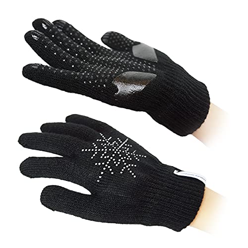 SkatingSpirit Gel Padded Anti-Slip Skating Gripper Gloves with Rhinestone Snowflakes (1 pair), Stretchy Warm Kids Adults Sparkles (Black, Small)