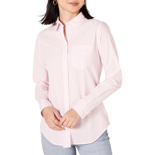 Amazon Essentials Women's Classic-Fit Long-Sleeve Button-Down Poplin Shirt, Pink Stripe, Medium