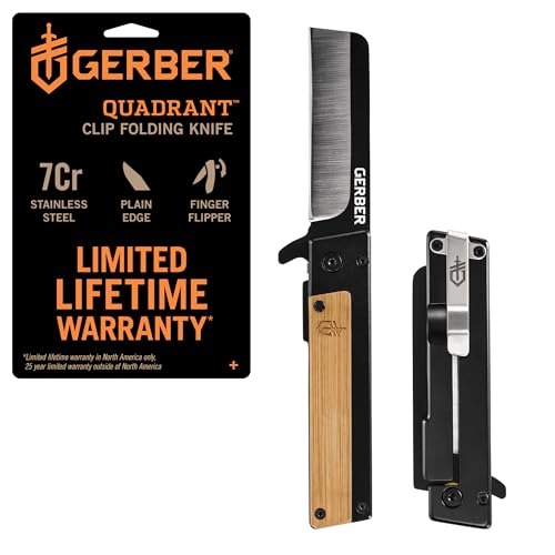 Gerber Gear Quadrant Clip Folding Knife with Plain Edge Blade - Straight Edge Flipper Knife with Pocket Clip and Bamboo Handle - EDC Gear and Equipment - Stainless Steel