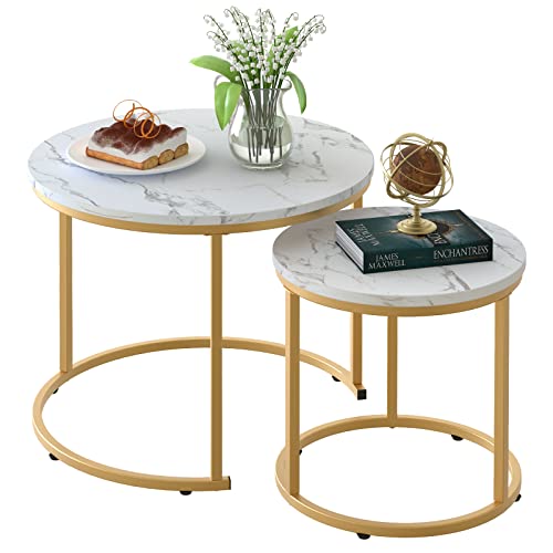 aboxoo Coffee Table Nesting White Set of 2 Side Set Golden Frame Circular Round and Marble Pattern Wooden Tables, Living Room Bedroom Apartment Modern Industrial Simple Nightstand