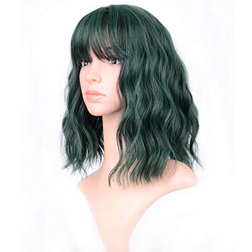 VCKOVCKO Short Bob Wigs Pastel Wavy Wig With Air Bangs Women's Shoulder Length Wigs Curly Wavy Synthetic Cosplay Wig Pastel Bob Wig for Girl Colorful Costume Wigs(12', Mix Green)