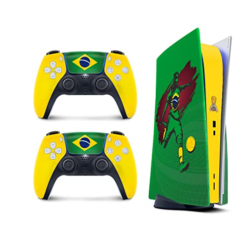 TACKY DESIGN World Cup Stickers 2022 Skin for Playstation 5 Console & 2 Controllers, PS5 Soccer Stickers Skin Vinyl 3M Decal National Teams Stickers Full wrap Cover (Disc Version, Brazil Skin)
