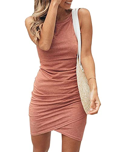 BTFBM Women 2024 Summer Sleeveless Tank Dresses Crew Neck Slim Fit Short Casual Ruched Bodycon Party Club Mini Dress(Pink, Medium)