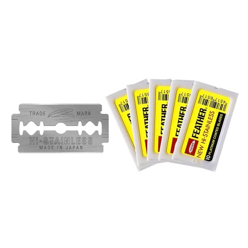 Feather Double Edge Safety Razor Blades - (50 Count) - Platinum Coated Hi-Stainless Steel Razor Blades - Fits Most Safety Razors - Super Sharp for Close Shaves - Japanese Quality