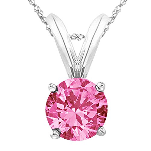 Houston Diamond District 1 Carat 14K White Gold Round Pink Sapphire 4 Prong Solitaire Pendant Necklace (AAA Quality) W/ 16' Silver Chain