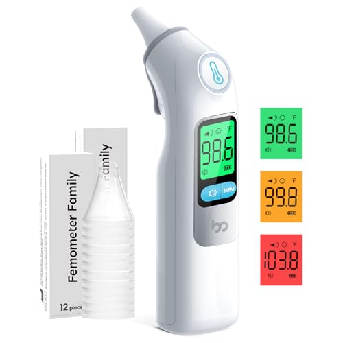 Femometer Family Ear Thermometer, Highly Accurate Ear Thermometer for Kids, Adults and Babies, 30 Memory Recall, 1s Result and 3-Color Fever Alert, with 24 Disposable Probe Covers, White