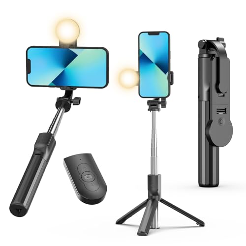 IEVICRE 43'' Selfie Stick Tripod, Extendable Selfie Stick with Light, Wireless Remote Bluetooth Selfie Stick for iPhone 15 14 13 Pro Max, and More Smartphones Black