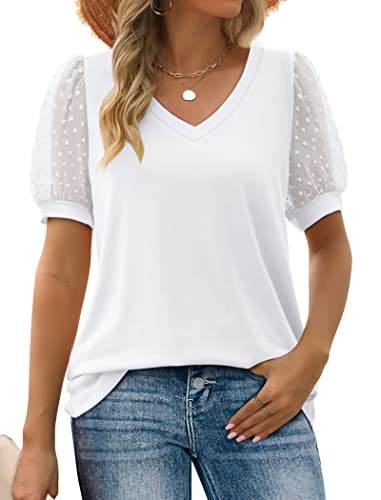 Womens Summer Tops V Neck Swiss Dot Puff Sleeve Tshirts Dressy Casual White Shirts L