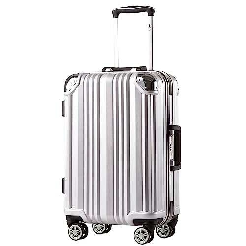 Coolife Luggage Aluminium Frame Suitcase TSA Lock 100% PC 20in 24in 28in (Sliver, M(24in))