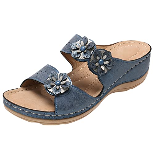 Shengsospp Womens Espadrilles Wedges Sandals Open Toe Slip On Strappy Flat Sandals with Elastic Ankle Strap Dressy Summer Walking Sandals 05_Blue, 8.5