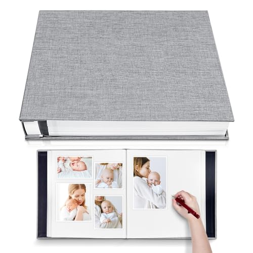 Photo Album Self Adhesive 3x5 4x6 5x7 6x8 8x10 8.5x11 11x10.6 Magnetic Scrapbook Length 11x10.6 Inch 40 Pages Linen Cover DIY Photo Album with A Metallic Pen and DIY Accessories(Gray)