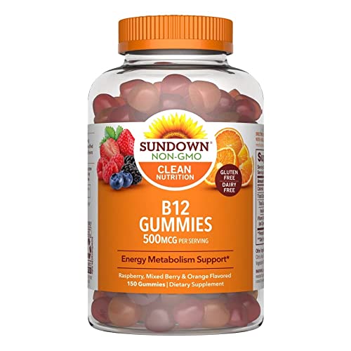 Sundown Vitamin B-12 Gummies, Energy Metabolism Support, Raspberry, Mixed Berry and Orange Flavored, 150 Ct