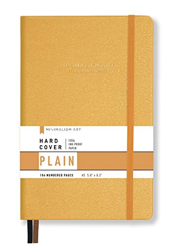 Minimalism Art, Premium Hard Cover Notebook Journal, Medium Size, A5 5.8' x 8.3', 186 Numbered Pages, Gusseted Pocket, Ribbon Bookmark, Extra Thick Ink-Proof Paper 120gsm (Plain, Amber)