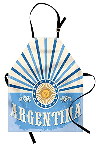 Lunarable Argentina Apron, Sun of May Flag Pop Art Style Grungy Vintage Effect, Unisex Kitchen Bib with Adjustable Neck for Cooking Gardening, Adult Size, Eggshell Azure