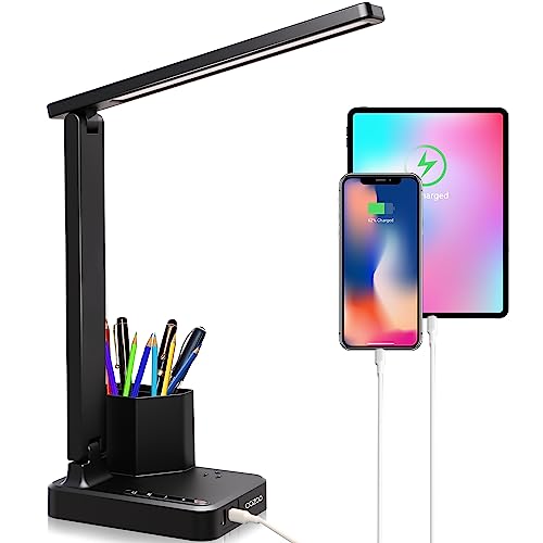 Desk Lamp,Desk Lamps for Home Office,COZOO LED Desk Lamp with 2 USB Charging Ports,2 Pen Holders,1 Outlet,3 Color 3 Brightness Levels,Touch/Memory/Timer,LED Desk Light Small Desk Lamp Kids Study Lamp