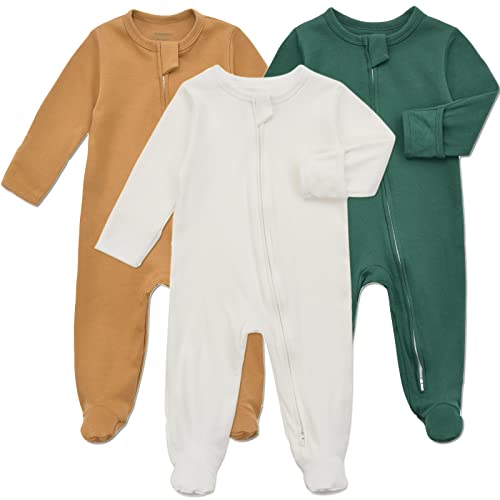 Aablexema Baby Footie Pajama with Mitten Cuffs, Double Zipper Infant Cotton clothes Sleeper Pjs, Footed Sleep Play(White & Green & Khaki,0-3 Months)