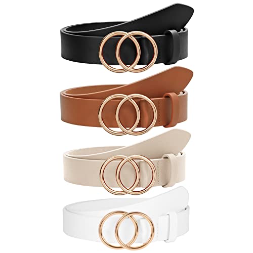 SANSTHS 4 Pack Women Leather Belts Faux Leather Jeans Belt with Double O Ring Buckle (Black, Brown, Beige, White, M)