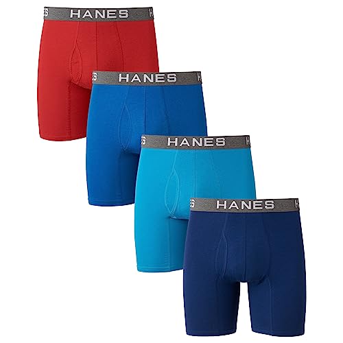 Hanes Ultimate Men's Comfort Flex Fit Boxer Briefs, Ultra Soft Cotton Modal Blend, Red/Blue/Navy-4 Pack, X-Large