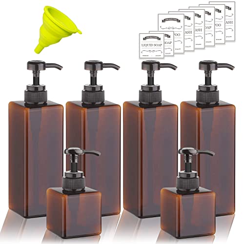 Amorettise 6 Pack Shampoo and Conditioner Dispenser Bottles - 4 Pack 22 Ounce and 2 Pack 8 Ounce Refillable Square Plastic Pump Bottles Shower Soap Dispenser for Shampoo Conditioner Body Wash (Amber)