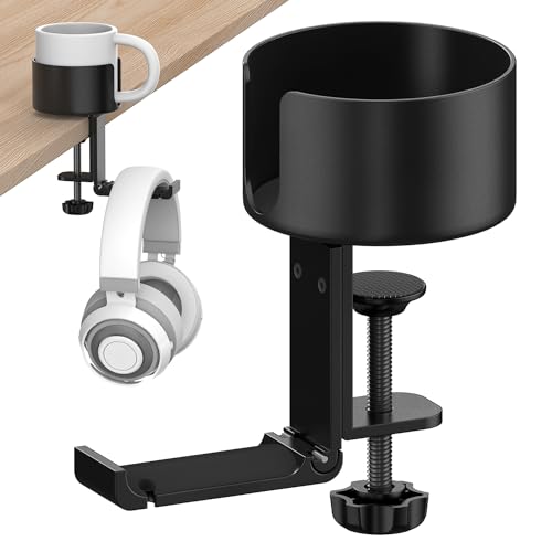 POWNEW 2 in 1 Desk Cup Holder with Headphone Hanger Gaming Accessories, Universal Adjustable & Foldable Upgraded Arm Clamp Stand for Coffee Mugs, Water Bottles, Headphones.