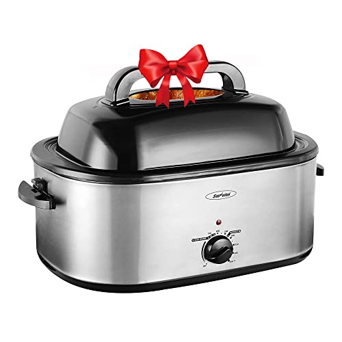 Sunvivi 30lb 26-Quart Roaster Oven, Electric Roaster Oven with Viewing Lid, Sunvivi Turkey Roaster with Unique Defrost/Warm Function, Large Roaster with Removable Pan & Rack, Stainless Steel, Silver