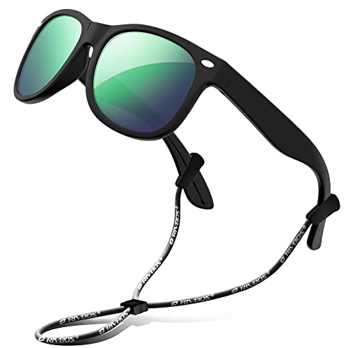 RIVBOS Kids Sunglasses Boys with Strap Polarized Rubber Flexible Shades for Toddler and Children Age 3-10 RBK004-2 Black Ice Green Lens