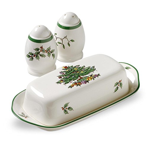 Spode Christmas Tree 3-Piece Hostess Set, 8 – Inch Butter Dish with Lid, 3 – Inch Salt and Pepper Shaker, Made of Fine Earthenware, Perfect for Hosting or as a Christmas Gift, Dishwasher Safe