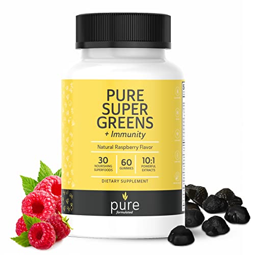 pure formulated Super Greens Multivitamin Gummies for Men & Women - Adult Immune Support Gummies - 30 Superfoods Vegan Supplements - Natural Raspberry Flavor (60 Count)