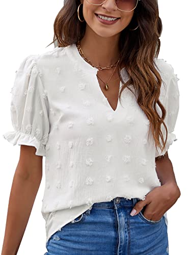 Blooming Jelly Women's Puff Sleeve Cute Shirts Swiss Dot White Blouse Chic V Neck Short Sleeve Tee Shirts(White,Medium)