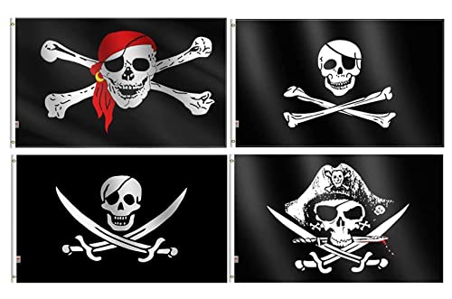 4-Pack Set Pirate Dead Man's Chest Flag&Jolly Roger Skull Flag&Pirate Broadsword &Jack Rackham Black Beard Pirates Flags