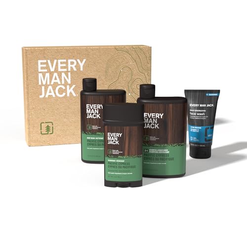 Every Man Jack Men’s Pacific Cypress Bath and Body Gift Set - Clean Ingredients & A Conifer Branches, Sea Salt, and Citrus Scent - Body Wash, 2-in-1 Shampoo, Deodorant & Face Wash
