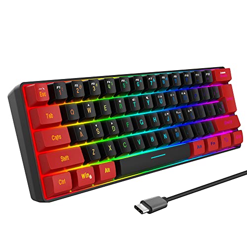 Snpurdiri 60% Wired Gaming Keyboard, True RGB Mini Quiet Ergonomic Water-Resistant Small Keyboard for Work, Gaming,Office (Red-Black)