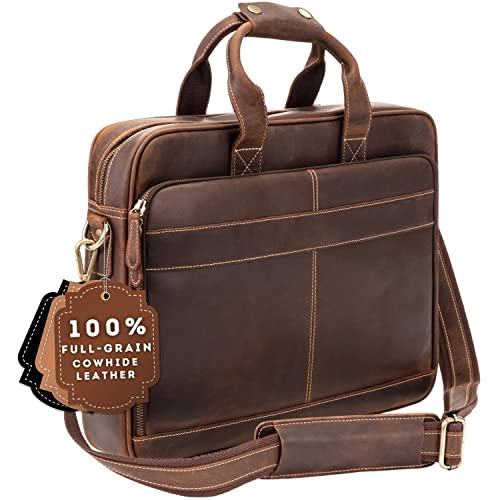 Luxorro Full-Grain Leather Briefcases for Men, Fits 15.6' Laptops, Brown Leather Laptop Bag For Men, Leather Laptop Briefcase For Men, Mens Briefcase, Leather Bag For Men, Leather Computer Bag For Men
