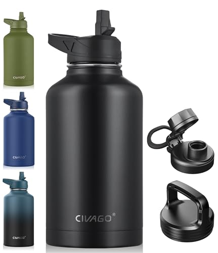 CIVAGO 64 oz Insulated Water Bottle With Straw, Half Gallon Stainless Steel Sports Water Flask Jug with 3 Lids (Straw, Spout and Handle Lid), Large Metal Thermal Cup Mug, Midnight Black