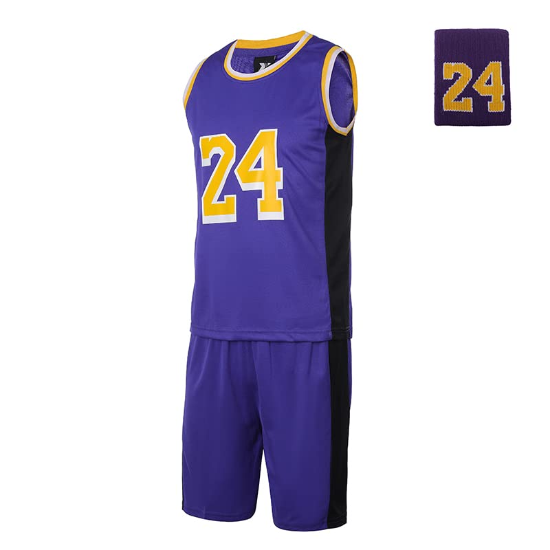 #24 Basketball Jerseys Outfit Tank Top Track Shorts Sport Sets Uniforms with Wristbands for Fans Kids Boys Youths L Purple