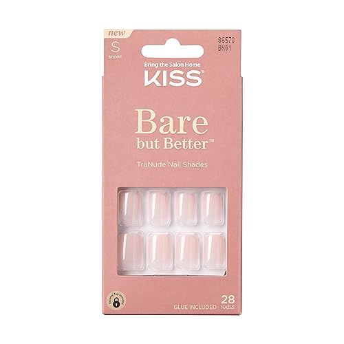 KISS Bare but Better Press On Nails, Nail glue included, Nudies', Nude, Short Size, Squoval Shape, Includes 28 Nails, 2g glue, 1 Manicure Stick, 1 Mini File