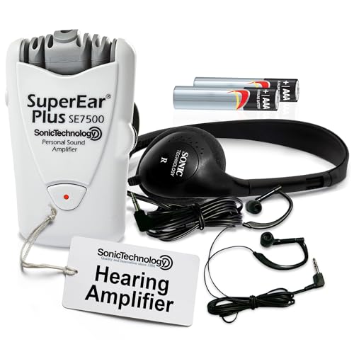 SuperEar Plus SE7500 Personal Sound Amplifier (PSAP), Pocket Sound Amplifier, Headphones & Discreet Earbuds w/Auto Shut off & Case, On/Off Volume Control for Adults, Audiologists, Seniors