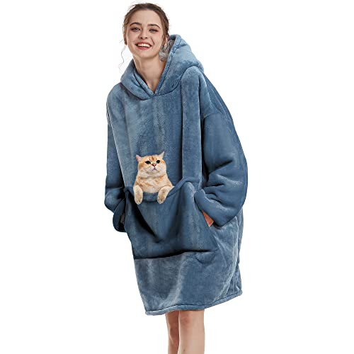 Aemilas Wearable Blanket Hoodie - Sherpa Blanket Sweatshirt as Birthday Gifts for Women Sister,Cozy Oversized Hooded Blanket with Giant Pocket(Denim Blue)