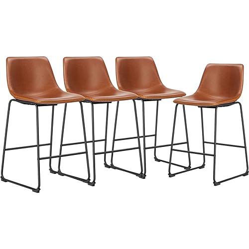JHK 26 Inch Counter Height Bar Stools Set of 4, Modern Faux Leather High Barstools with Back and Metal Leg, Bar Chairs for Kitchen lsland, Brown
