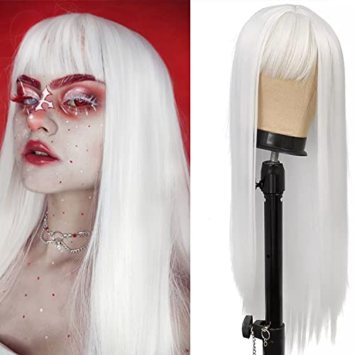 Netgo White Wig with Bangs, Long Straight White Wig for Women, 27 Inch Heat Resistant Synthetic Womens Hair Wigs for Cosplay Party Halloween