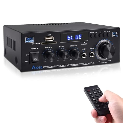Stereo Audio Amplifier, 300Wx2 Home Dual Channel Bluetooth 5.0 Sound Speaker AMP, Home Amplifiers FM Radio, USB, SD Card, with Remote Control Home Theater Audio Stereo System Components
