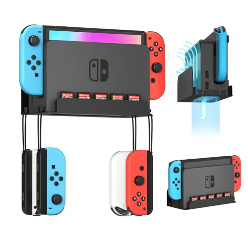 Wiilkac Wall Mount for Switch and Switch OLED, Metal Wall Mount Kit with 5 Game Cards Slots and 4 Joy Con Hooks, Back Airflow Gap Design, Safely Store Your Switch Console Near or Behind TV (Black)