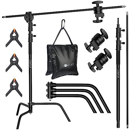 LOMTAP C Stand Light Stand Stainless Metal Photography Kit - Heavy Duty 10.8ft/330cm Vertical Pole, 4.2ft/128cm Boom Arm, Adjustable Base, Water Sandbag, 2 Grip Heads, 3 Clips for Softbox, Reflector