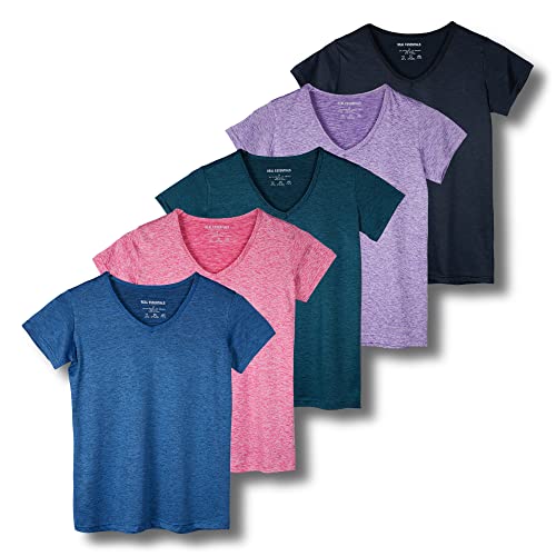 Real Essentials Womens V Neck T-Shirt Ladies Yoga Top Athletic Tees Active Wear Gym Workout Zumba Exercise Running Essentials Quick Dry Fit Dri Fit Moisture Wicking Basic Clothes, Set 7, L, Pack of 5