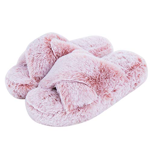 DL Fluffy Womens House Slippers Cross Band Open Toe, Soft Plush Fleece Bedroom Slippers Women Memory Foam, Comfy Fuzzy Slip On Non-Slip Womens Slippers Indoor Pink Gray Black White