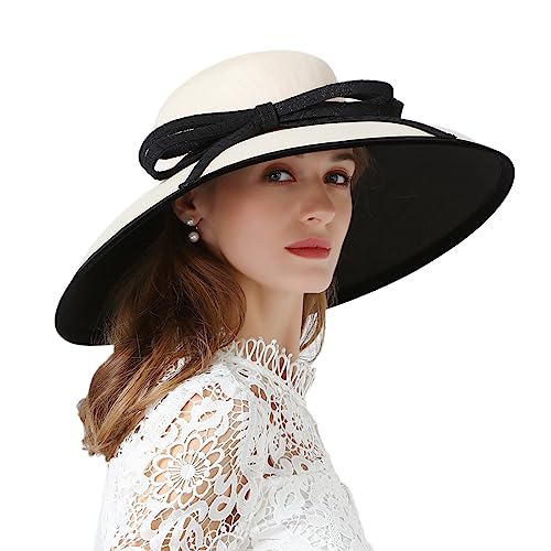 RETRONLY Celebrity Kentucky Derby Fascinators Church Hats Large Brim Lace Bowknot Cloche Hepburn Hats for Women Off-White